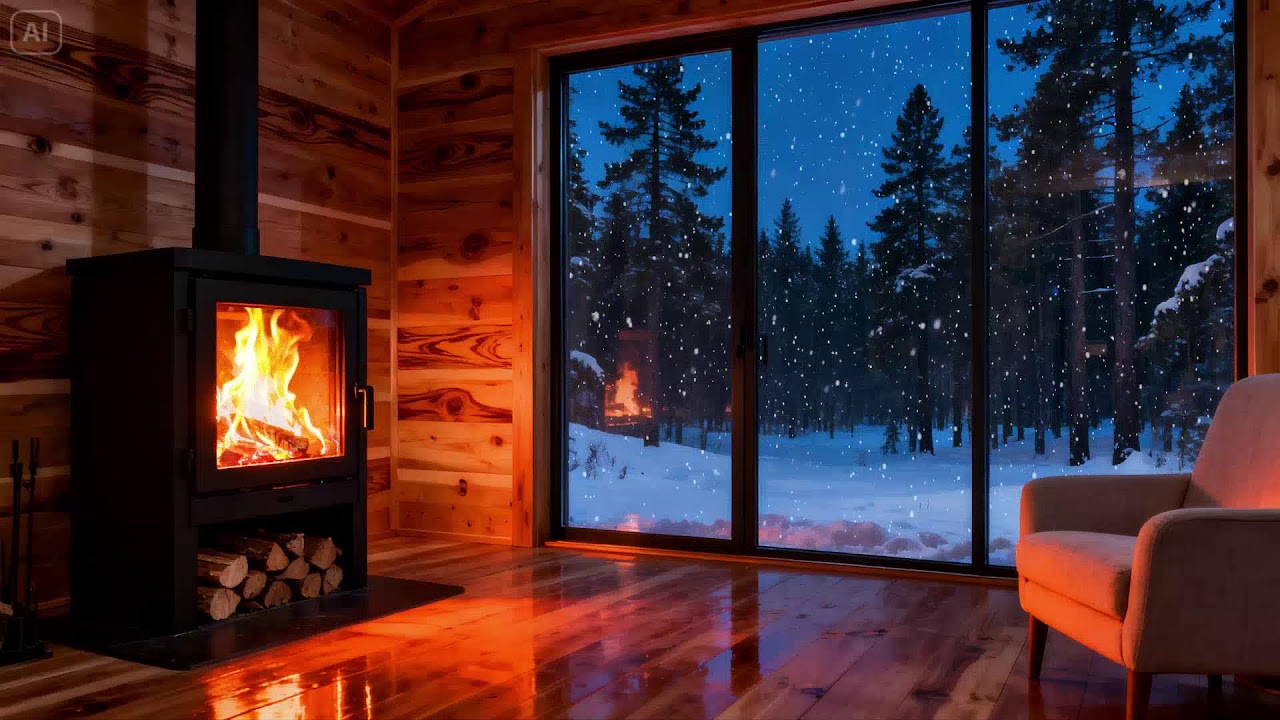 Snow Falling Outside the Log Cabin 🔥 Warm Fireplace and Quiet Winter Calm