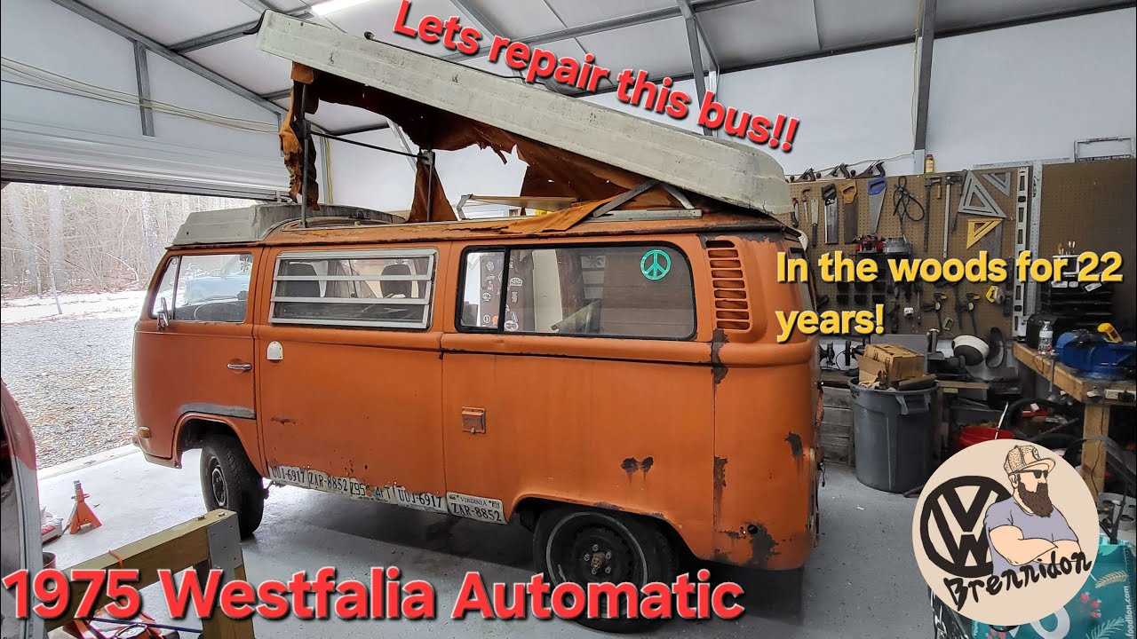 1975 Volkswagen Bay window bus. Can we get this Westfalia on the road after 22 years in the woods.