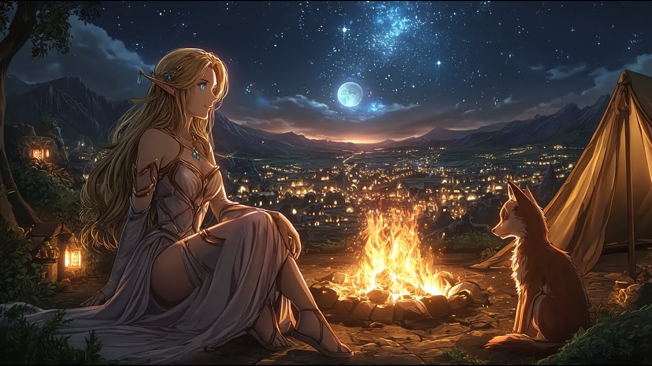 🎧 Lofi・Ambient・Healing Fantasy | Shire Blue Moon 星空の夏尔でAureliaと狐の焚き火物語 🌙🔥🦊✨
