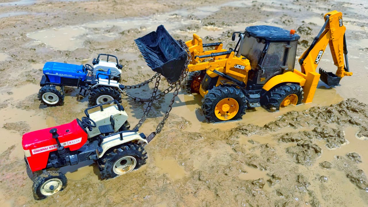 JCB 5CX Muddy Accident Pulling Out Swaraj Tractor New Holland Tractor? Jcb Tractor Cartoon | AJ TOYS