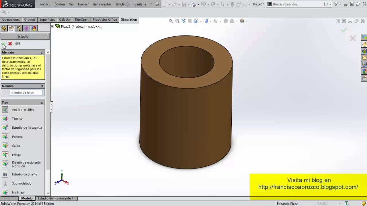 Esfuerzo unitario sobre un cilindro de latón en Solidworks