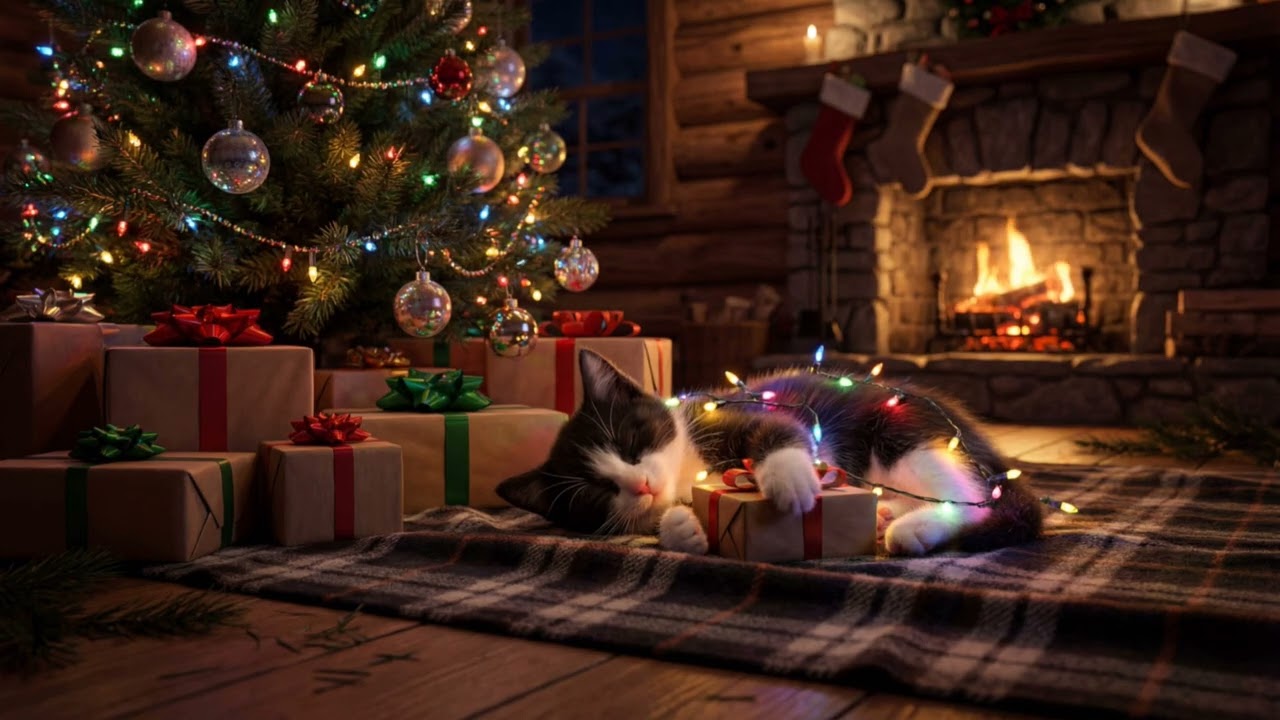 🎄 Cozy Christmas Purring Cat ASMR: Sleeping Kitten by Fireplace 🐱🔥 | 5 Hours Deep Sleep Relaxation