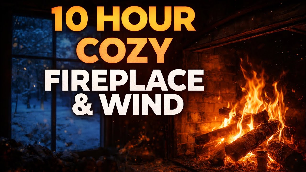 Cozy Fireplace & Gentle Wind for Sleep & Relaxation | 10 Hours Dark Screen Ambience