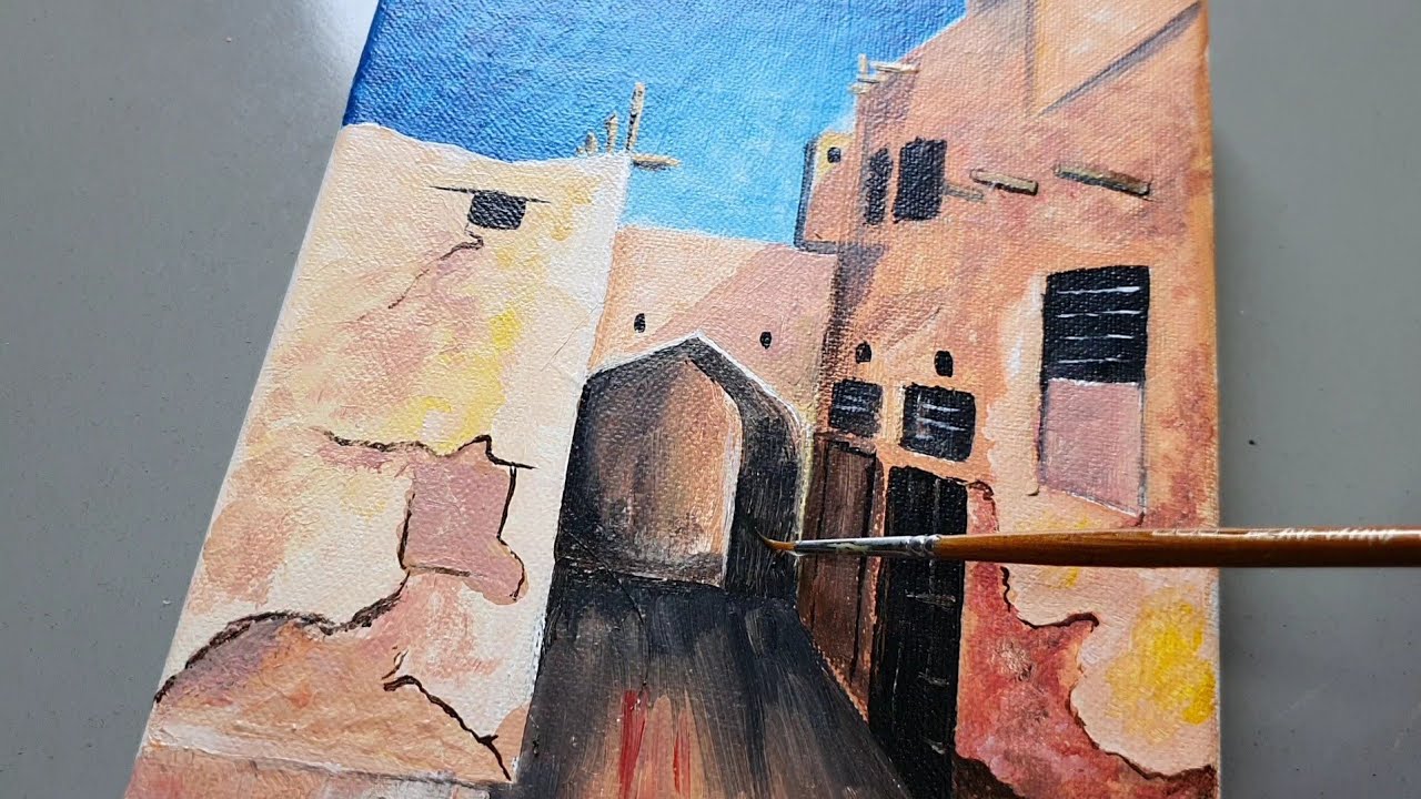 لوحة # ١٠ / رسم حارة شعبية قديمة / اكريليك  Painting # 10 / Draw an Old Folk Lane / Acrylic