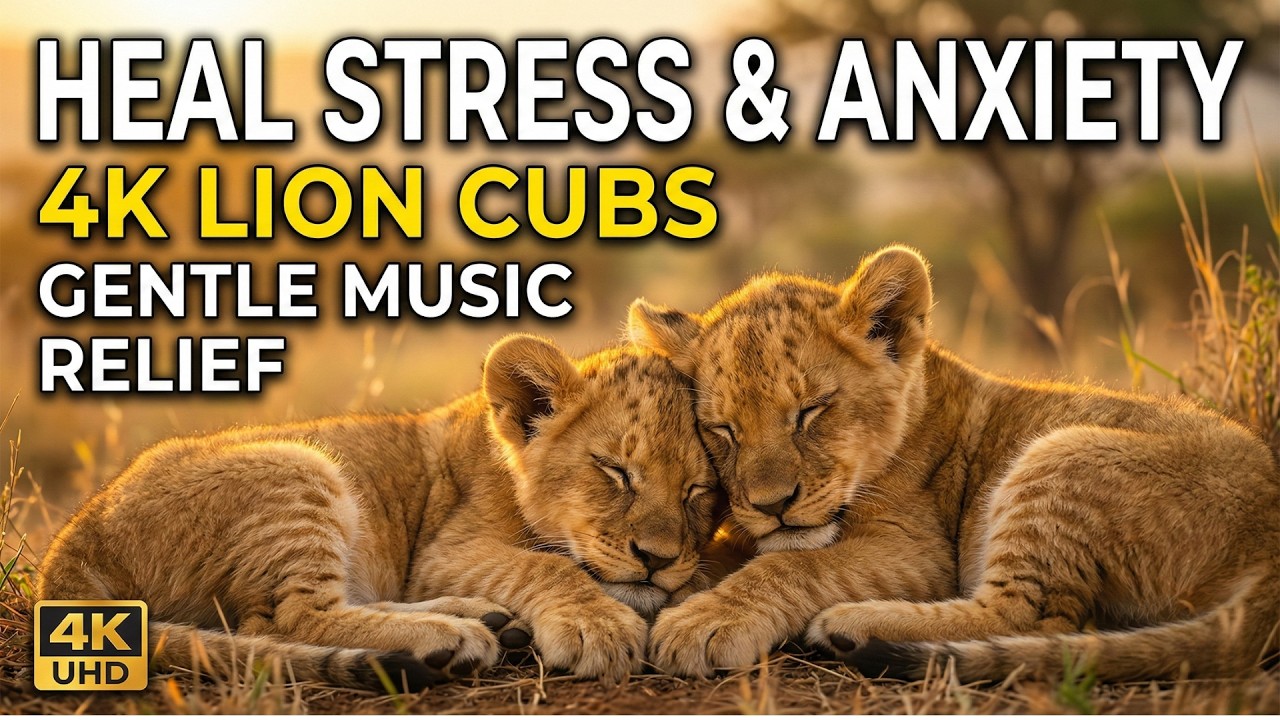Lion Cubs 4K ~ Relaxing Music That Heals Stress, Anxiety, Depressive Conditions, Gentle Music