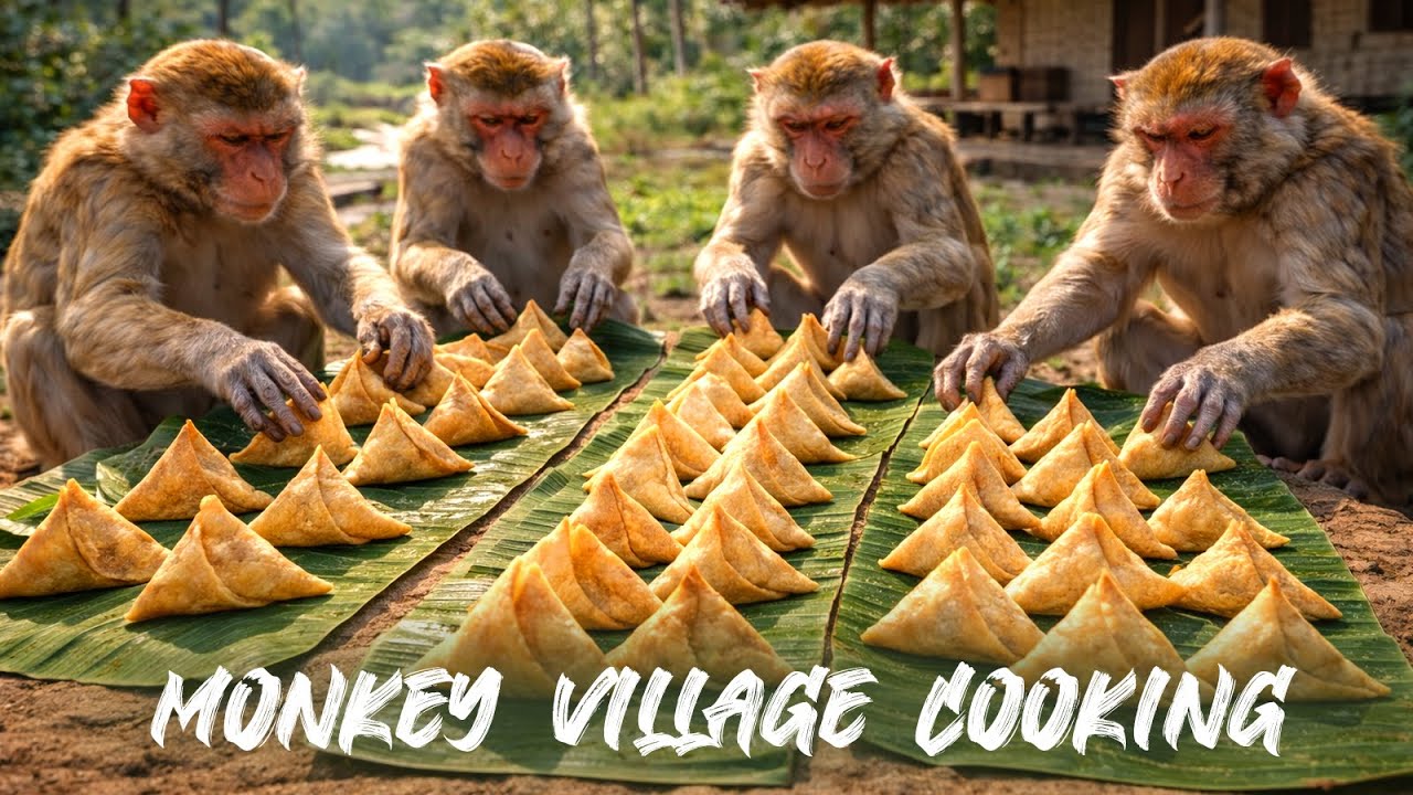 MONKEY VILLAGE COOKING ASMR | Street Samosa | Easy Snack | Bandar Kurangu Cartoon AI Video Foodie