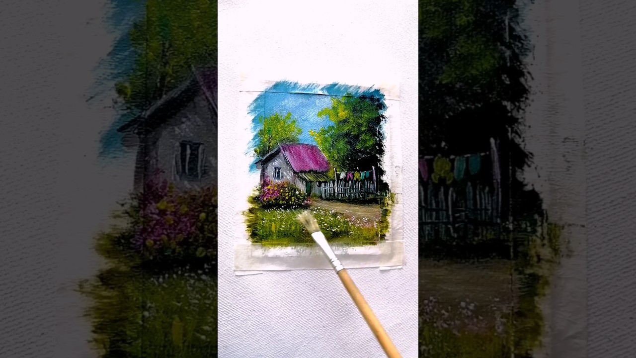 Easy Small house Painting / Acrylic on canvas Landscape Scenery #art #drawing #diy #ideas