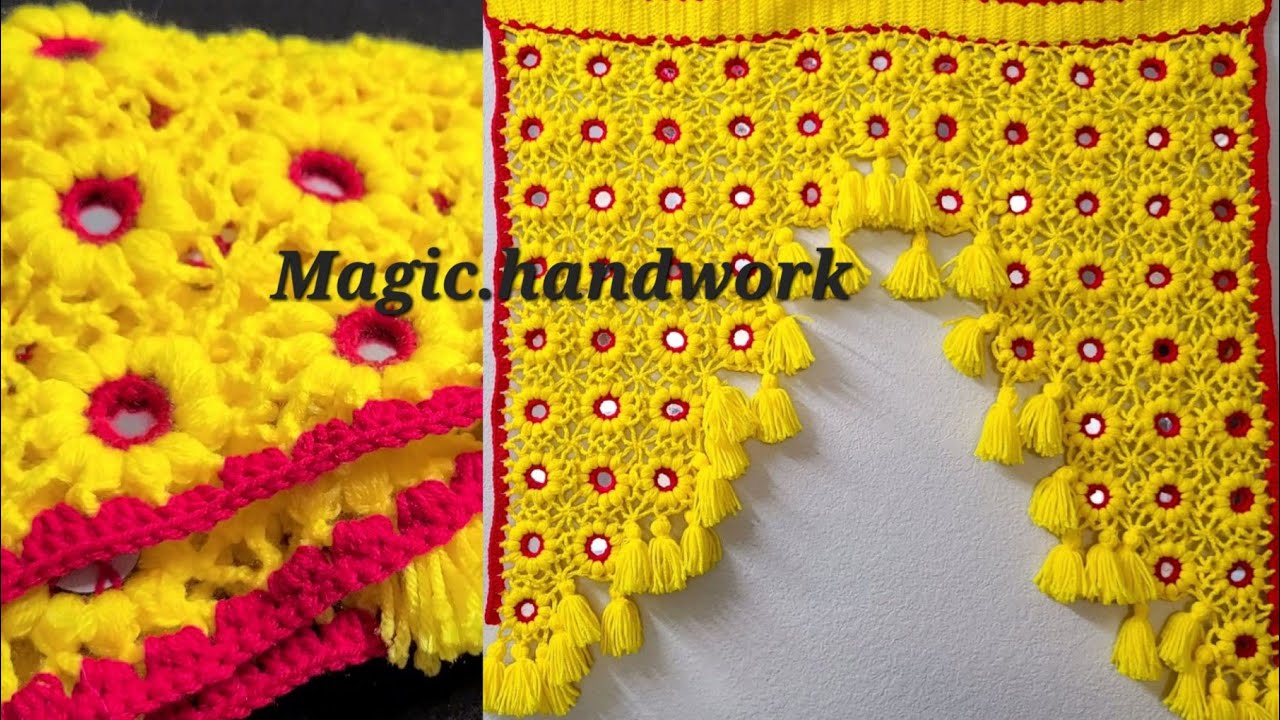 🪞दिवाली तोरण, Full Gate Parda, Woolen mirror flower long toran, Jhalar design, Pooja room decor idea