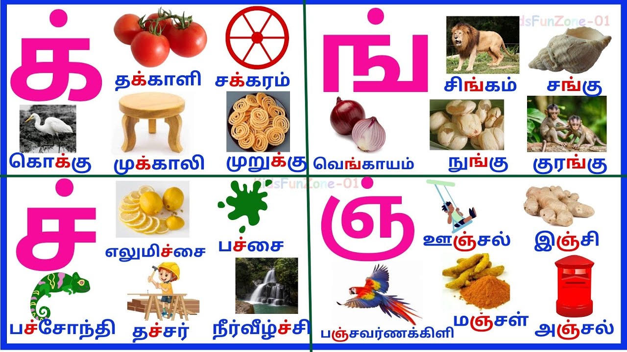 மெய் எழுத்துக்கள்|Mei Eluthukkal 5 Words for each Letter | Kids Learn Tamil Alphabets@KidsFunZone-01