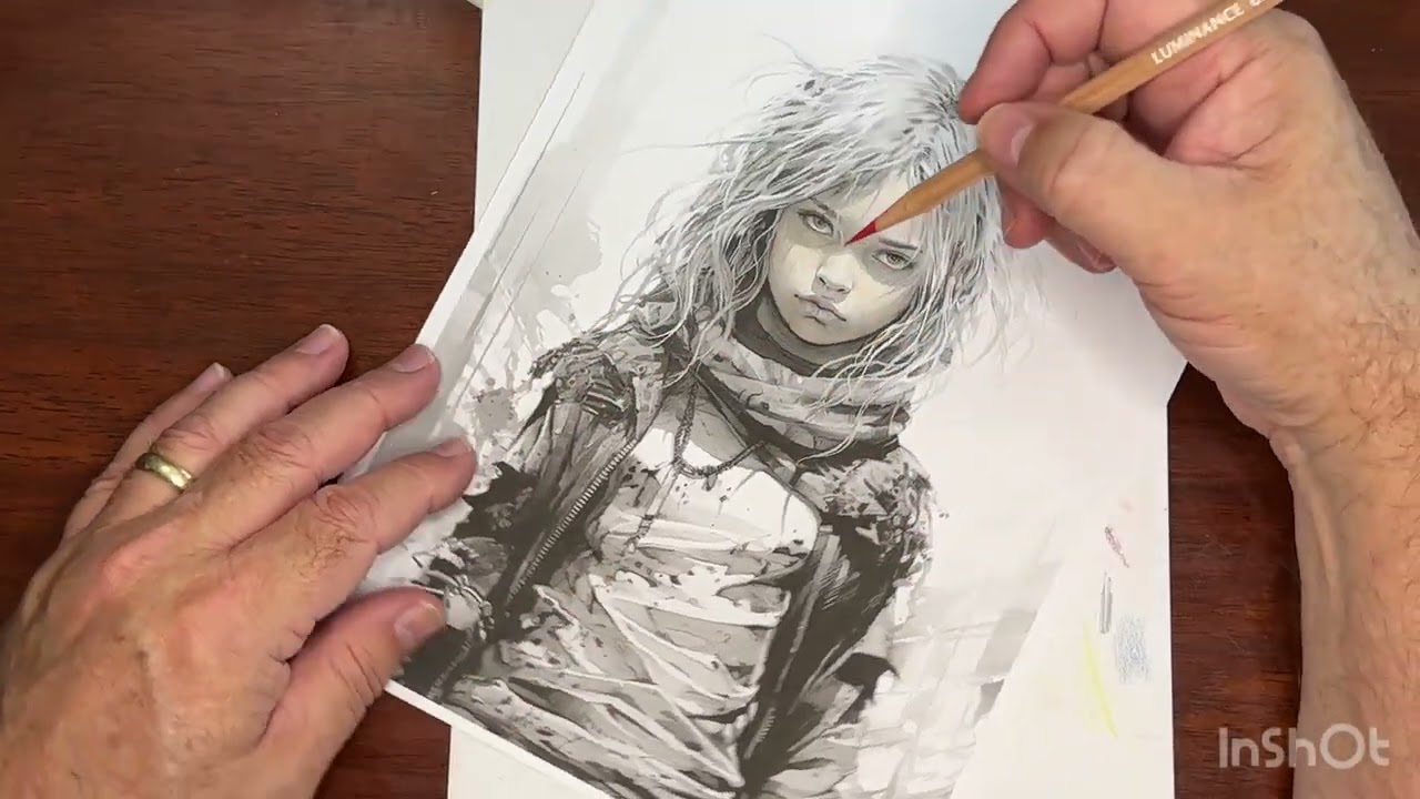 Coloring grayscale adult coloring book page. color pencils