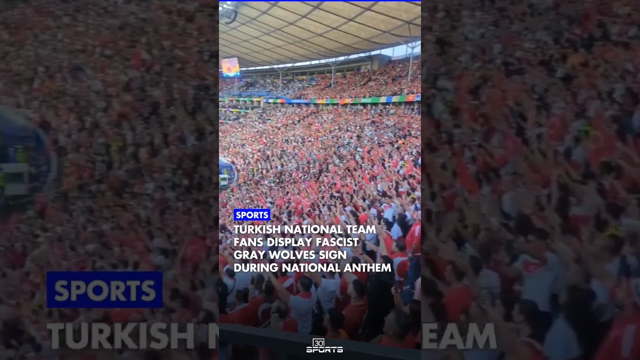 Turkish national team fans display fascist gray wolves sign during national anthem