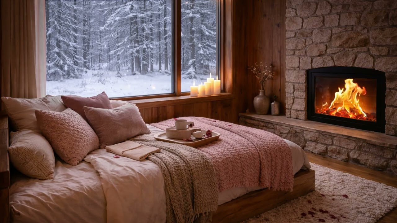Romantic Cozy Bedroom Vibes ❄️ Snow & Fireplace for Peaceful Valentine’s Night