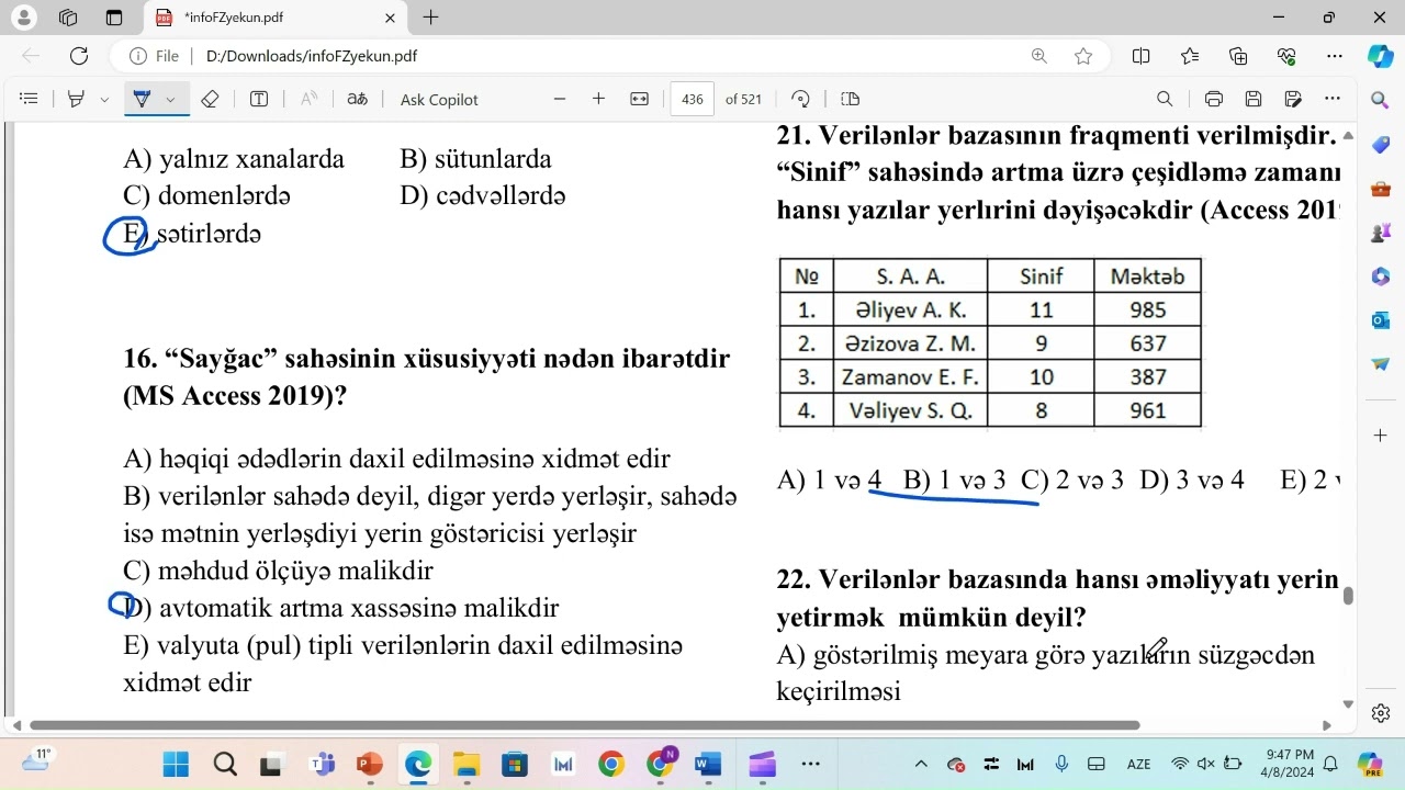 Access  test izahları.İlk hissə.Nihal Tahirli