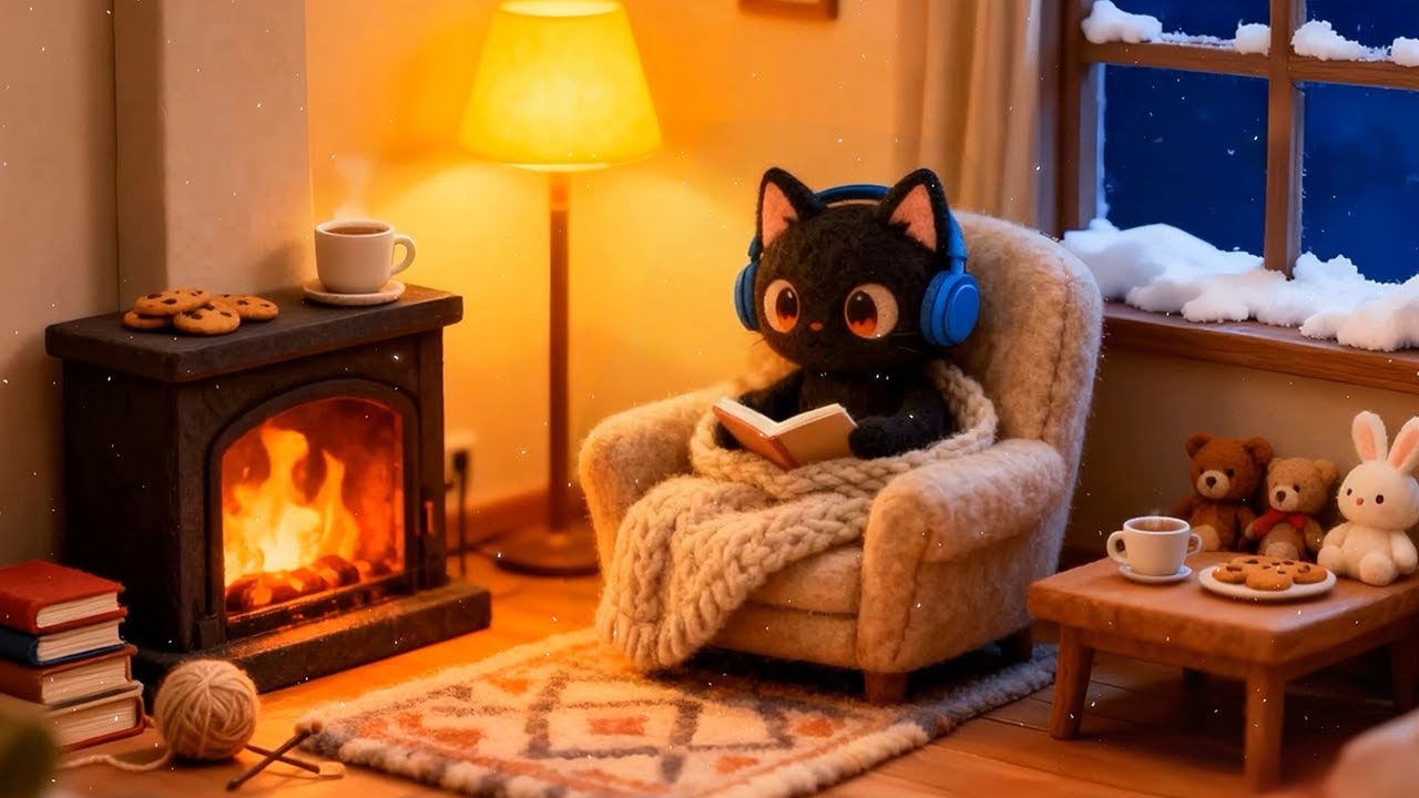 Lofi Cat's Cozy Fireplace Reading 🔥 Winter Lofi ❄️ Soft Beats for Holiday Study & Calm