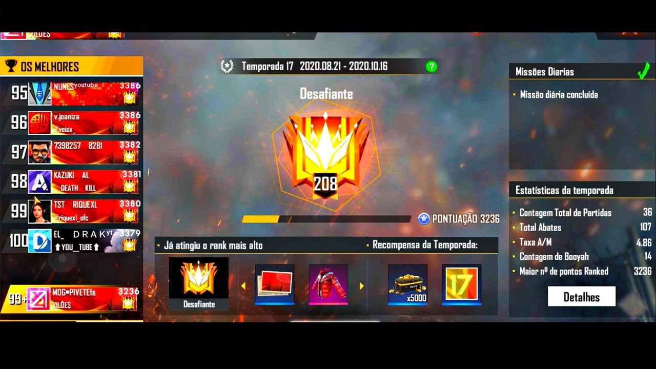 DO OURO AO DESAFIANTE EM 8H SEASON 17 NA CONTA DO INSCRITO - TOP GLOBAL HIGHLIGHT FREE FIRE GARU FF