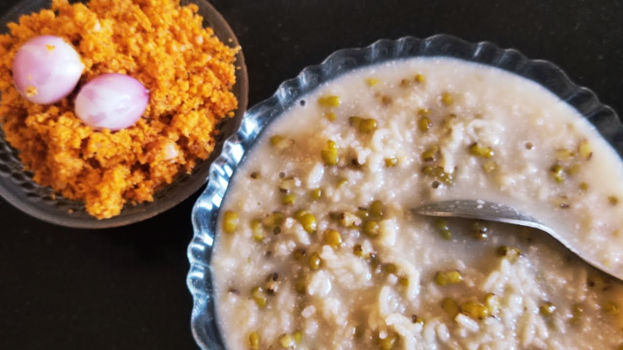 Rice Porridge Recipe / Healthy Payaru Kanji With Maasi Thuvaiyal / Healthy Breakfast/Dry Tuna Fish