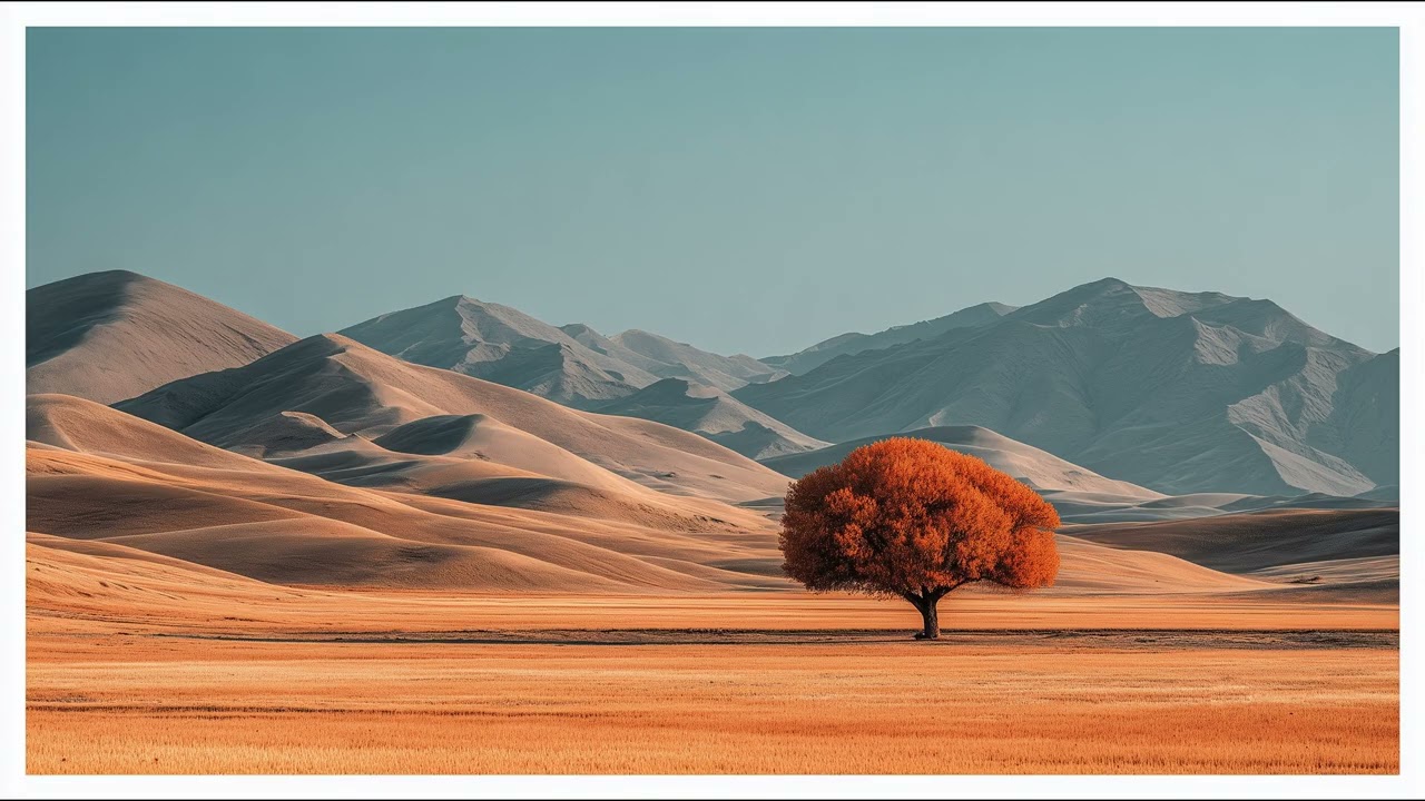 Silent Desert Field Landscape And Lone Tree In Golden Plains | Still Art Screen Saver | 4K