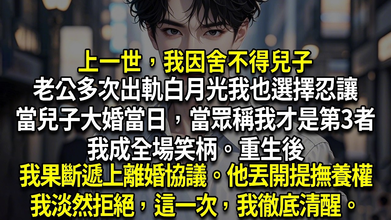 上一世，我因舍不得兒子，老公多次出軌白月光我也選擇忍讓。當兒子大婚當日，當眾稱我才是第3者，我成全場笑柄。重生後，我果斷遞上離婚協議。他不屑丟開，提撫養權，我淡然拒絕，這一次，我徹底清醒。
