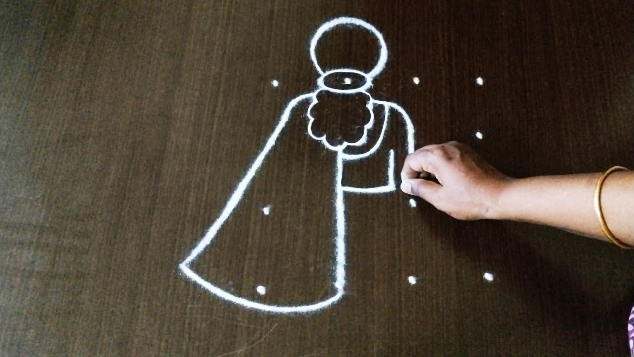 Easy girl with daughter rangoli design for women's day/creative rangoli with dot@Nschannelrangoli