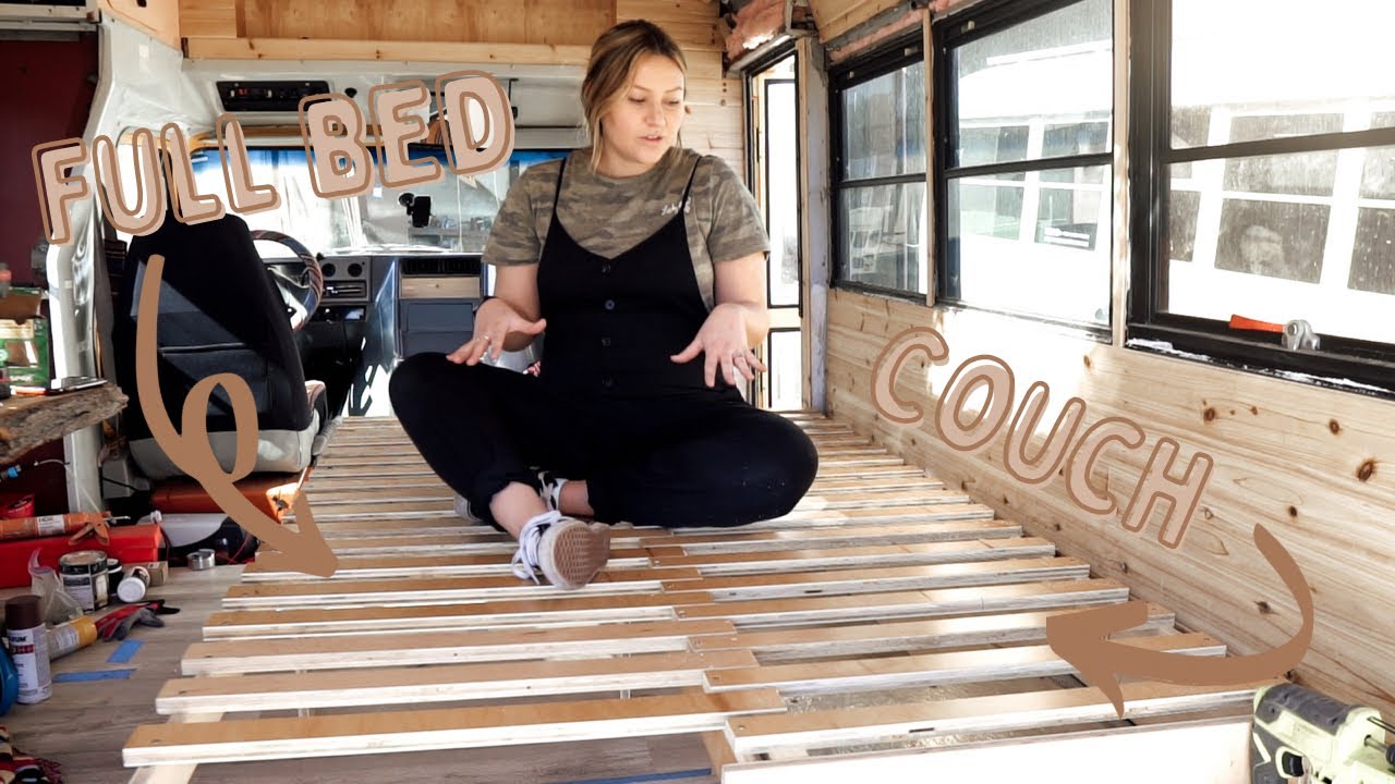 DIY Skoolie Pull Out Couch to Bed Platform - Short Bus Build at Six Months Pregnant