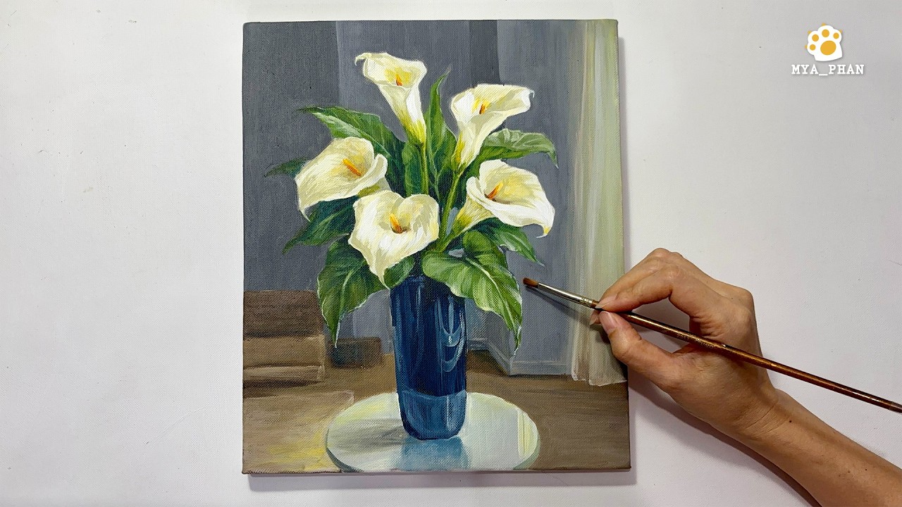 Painting Graceful White Calla Lilies/Step by Step/ Acrylic Painting #087