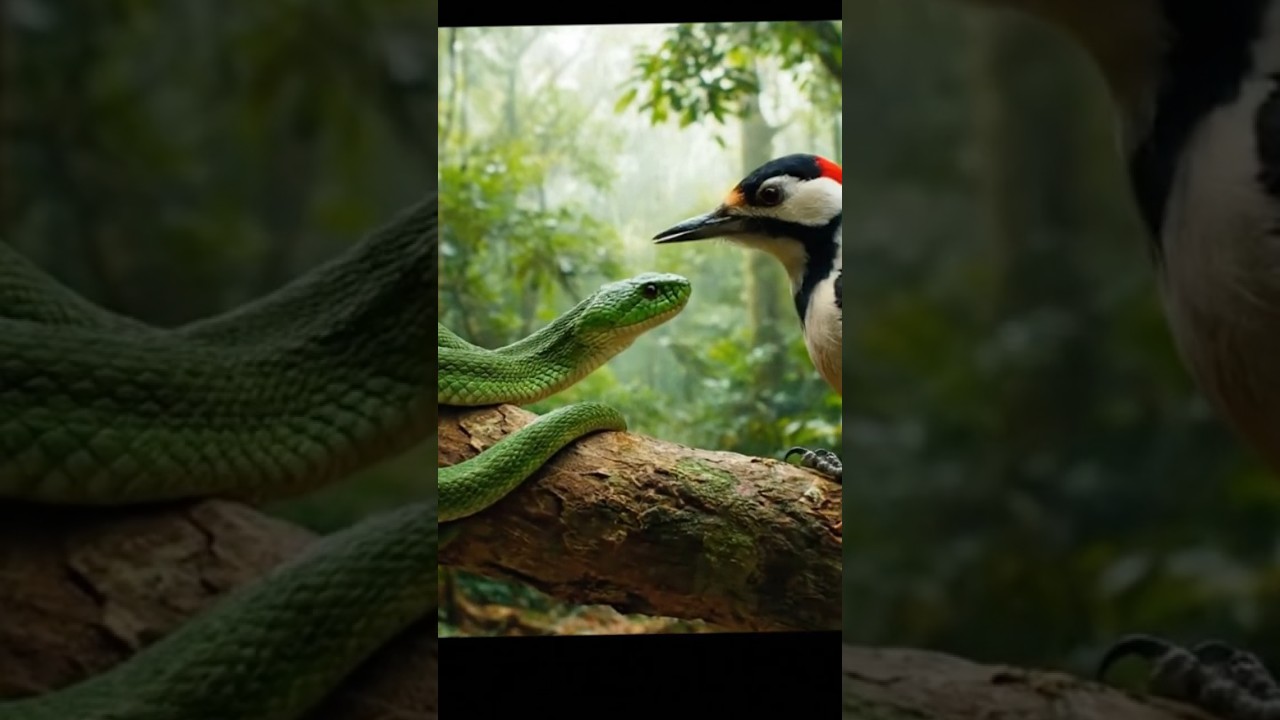 CINEMATIC BATTLE: Woodpecker vs. Green Viper|Nature's Action Movie! #woodpecker #snake #wildlife