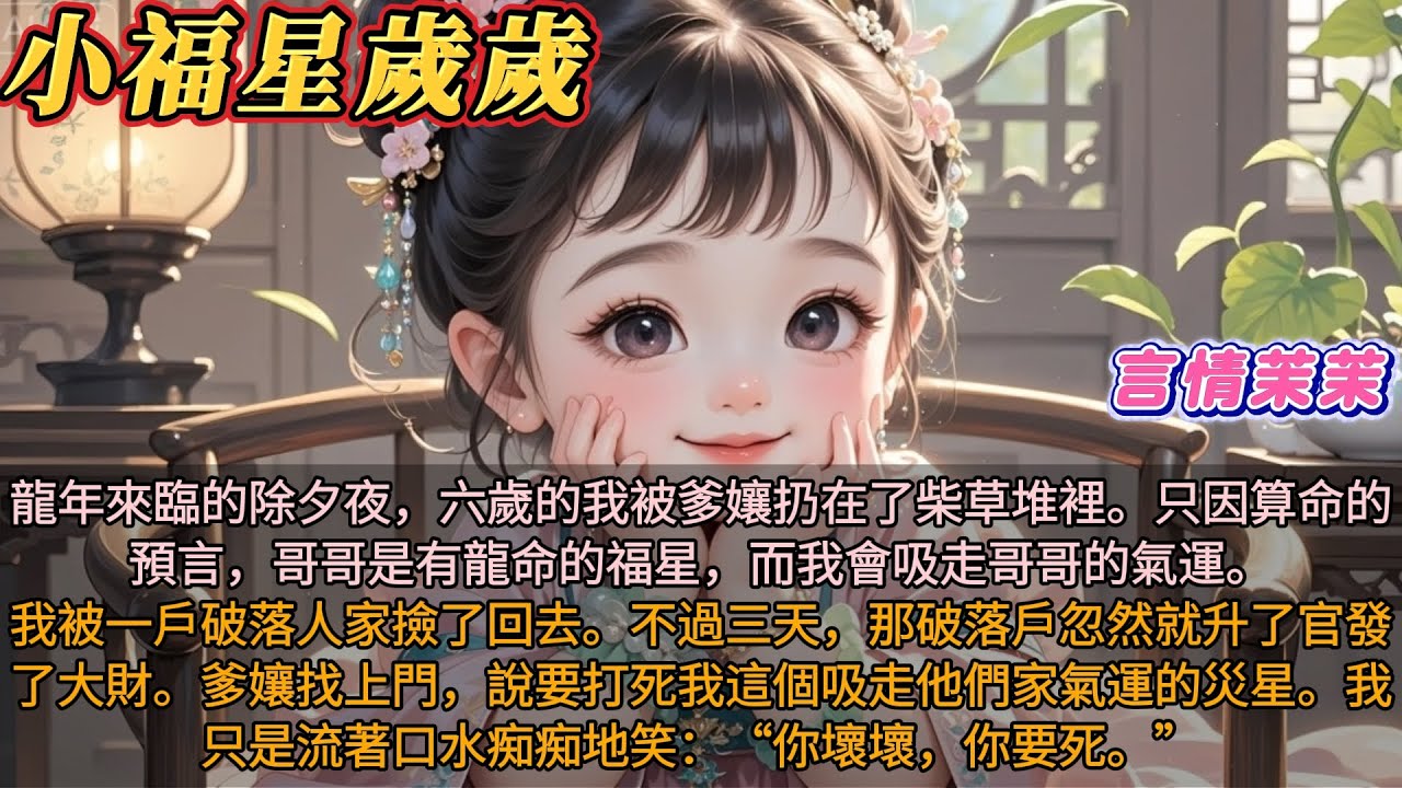 《小福星歲歲》除夕夜，我被爹孃扔在柴草堆。只因算命的預言，哥哥福星，我會吸走哥哥的氣運。我被一戶破落戶撿回去。不過三天，破落戶就升官發大財。爹孃找上門說要打死我。我只是流著口水痴痴地笑：你壞壞，你要死