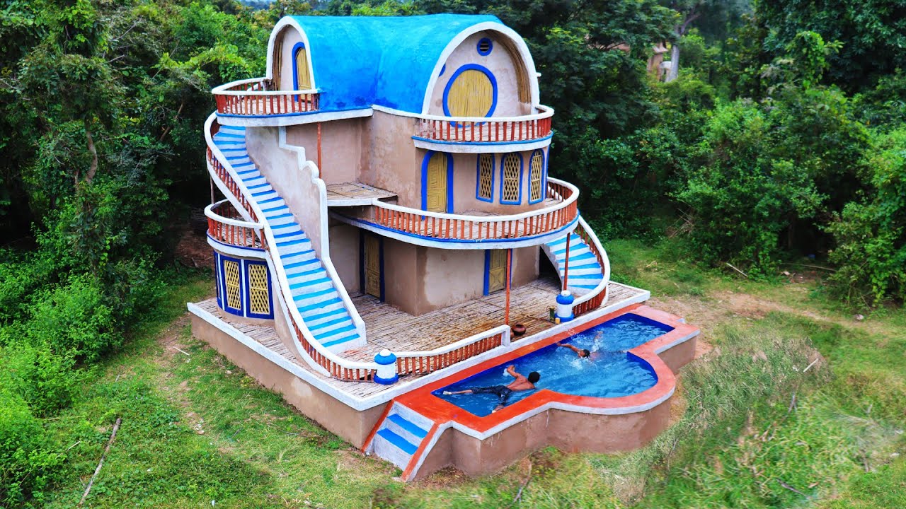 [Full Video]Building Creative Beautiful Clay Villa House With Clay Swimming Pool Design In Forest