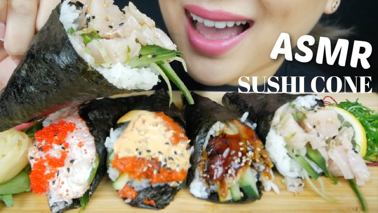 SUSHI Cones *ASMR No Talking Eating Sounds Spicy salmon, Chopped Scalloped, Unagi and Toro Cone |N.E