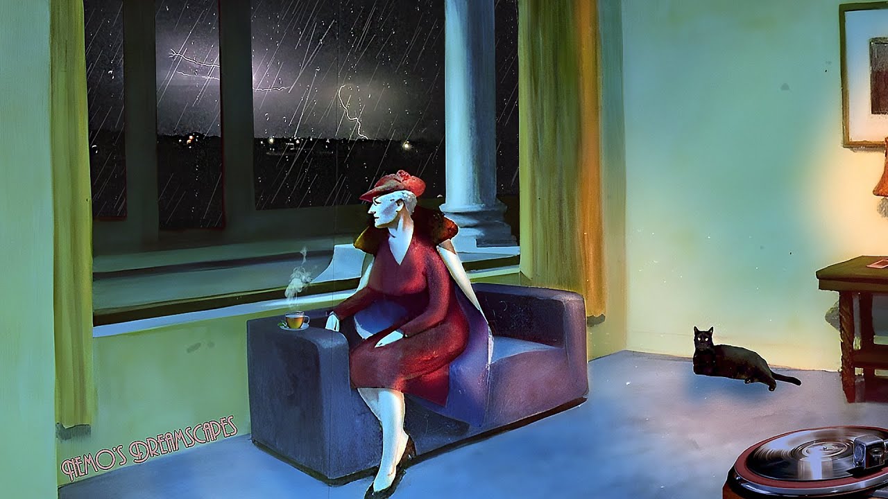 1930's A night with Thunderstorm and Lightning (Oldies playing in another room, rain) 6 HOURS ASMR