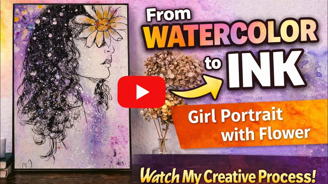 Watercolor to Ink Drawing Process | Girl Portrait with Flower 🤓💖