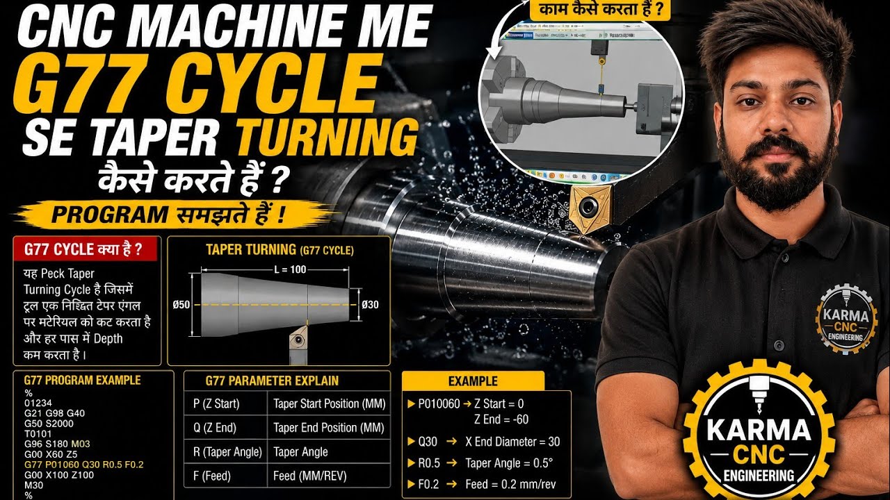 CNC MACHIN ME G77 CYCLE SE TAPER TURNING कैसे करते हैं I  PROGRAM समझते हैं #karmacncengineering 