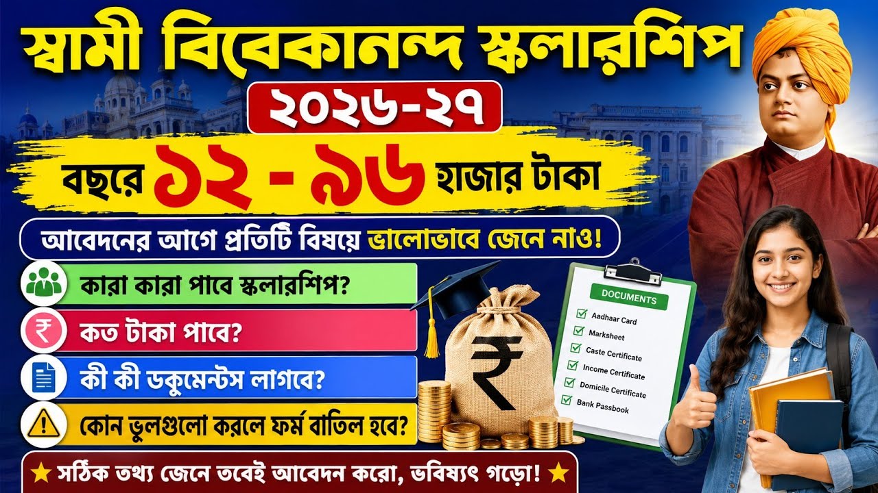 Swami Vivekananda Scholarship 2026 | Eligibility, Documents, Amount| SVMCM scholarship 2026-27 apply