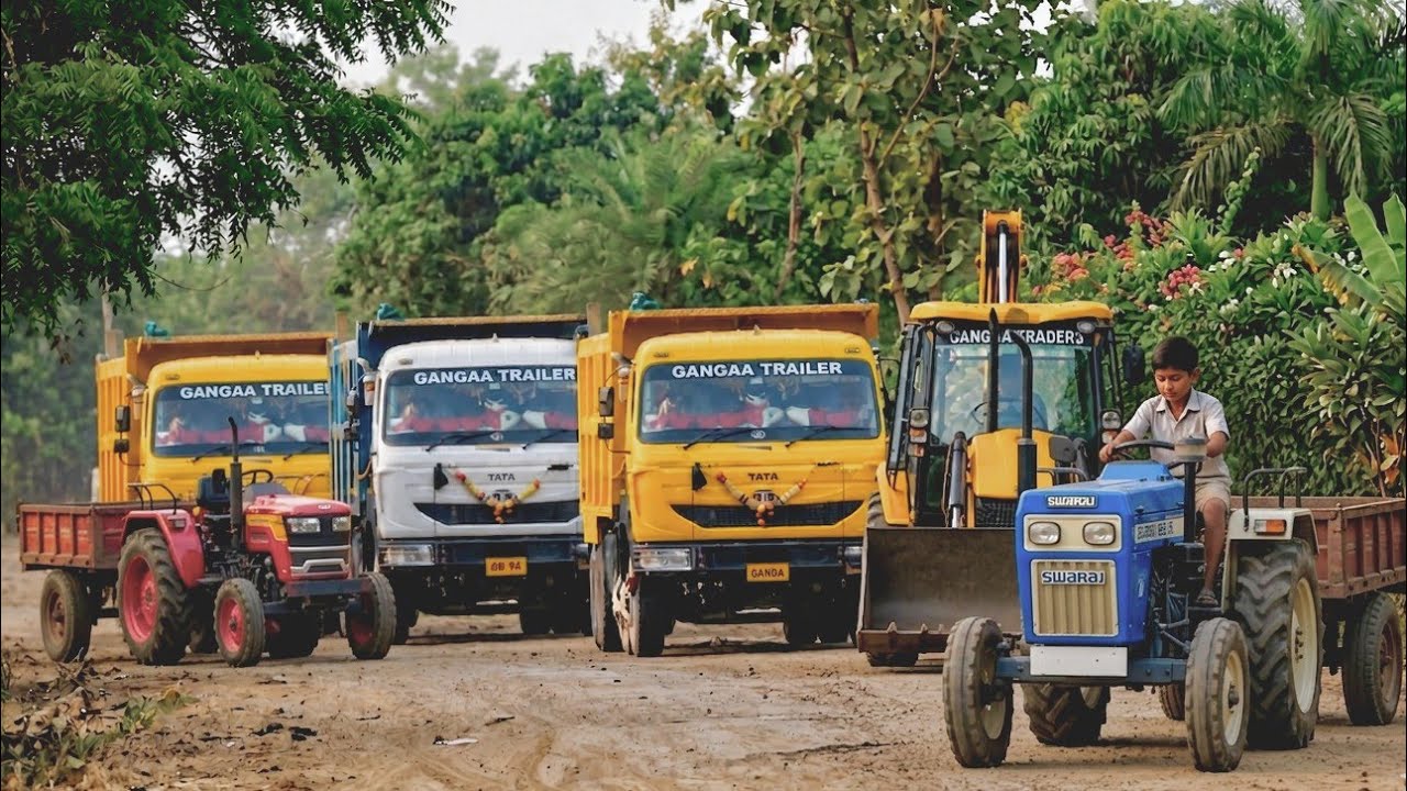 JCB 3dx Backhoe Machine Loading Mud In Tractor & Trucks | Swaraj Mini Tractor Trolley & 2 TATA Track