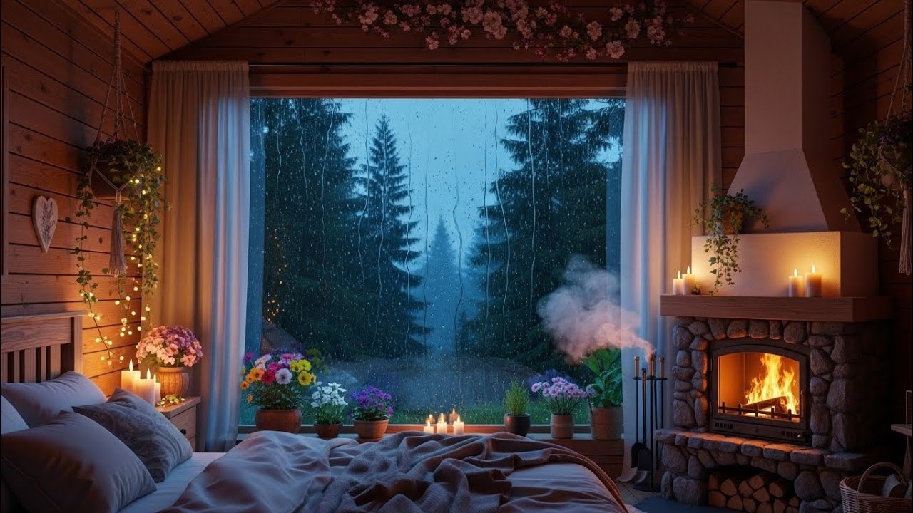 Cozy Cabin Rainstorm Ambience 🌧️ Fireplace Sounds for Deep Sleep
