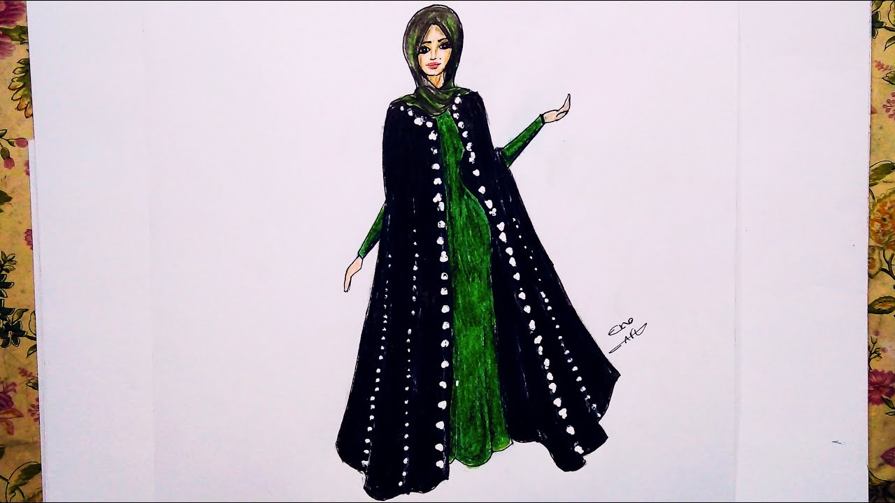 رسم عباية خليجى خطوة بخطوة || تصميم ملابس وازياء سهلة وبسيطه وكيوت