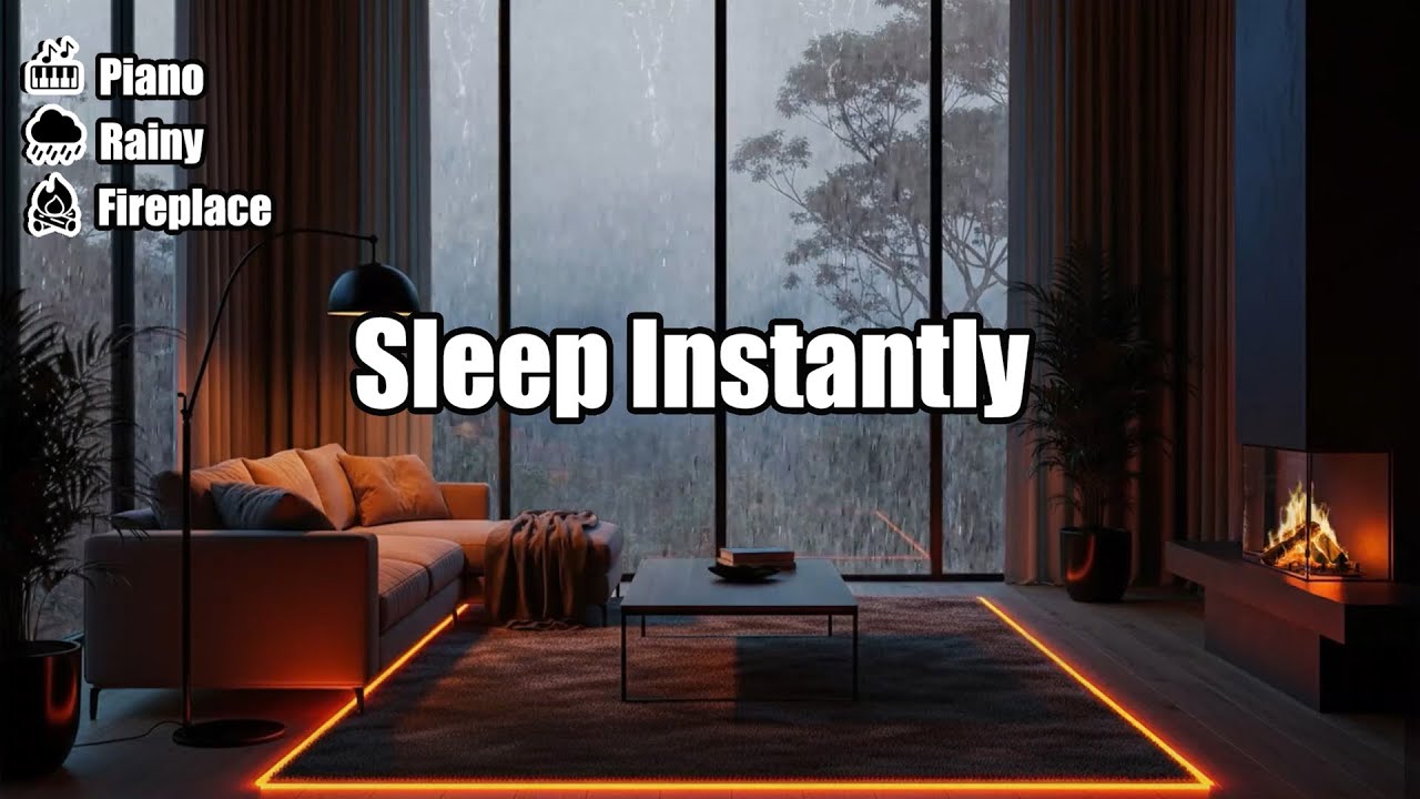 Soothing Heavy Rain No Thunder with Piano Music and Fireplace for Anxiety Relief