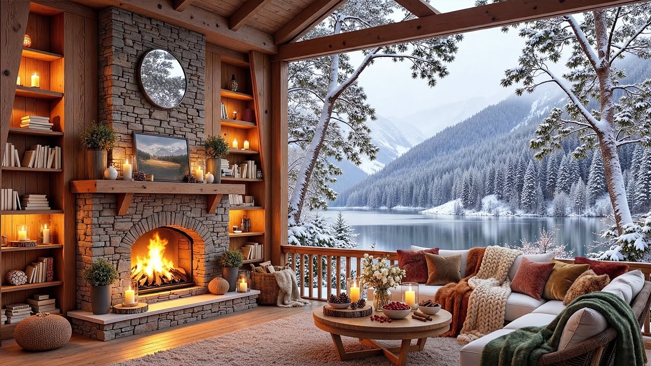 Relaxing Piano Music & Crackling Fireplace🔥Cozy Winter Ambience & Snowfall for Sleep & Stress Relief