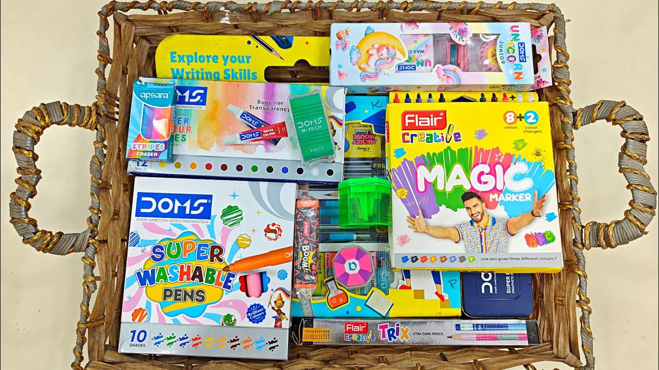 Doms stationery items, wax crayons, magic marker, sharpener, eraser, smart stationery, apsara