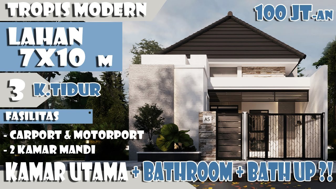 Desain rumah 7x10 m 3 kamar tidur fasilitas bathup dilengkapi carport dan motorport mungil mewah