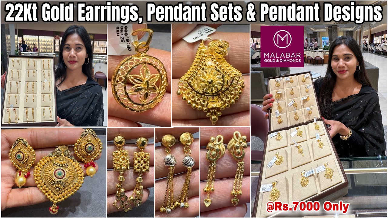 Rs.7000 Starts💥Malabar 22Kt Gold Earrings, Pendant Sets & Pendant Designs|Light Weight Gold Earrings