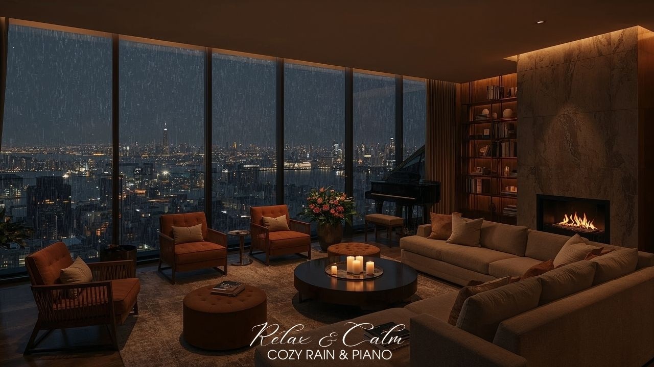 Midnight City Rain & Piano LIVE 🌧️🎹 | Fireplace Lounge for Sleep, Focus & Calm | 24/7