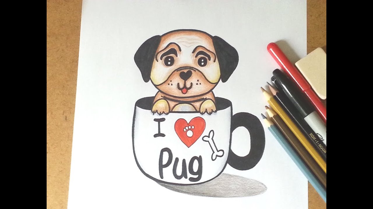 Como desenhar um Cachorrinho PUG Kawaii na xícara