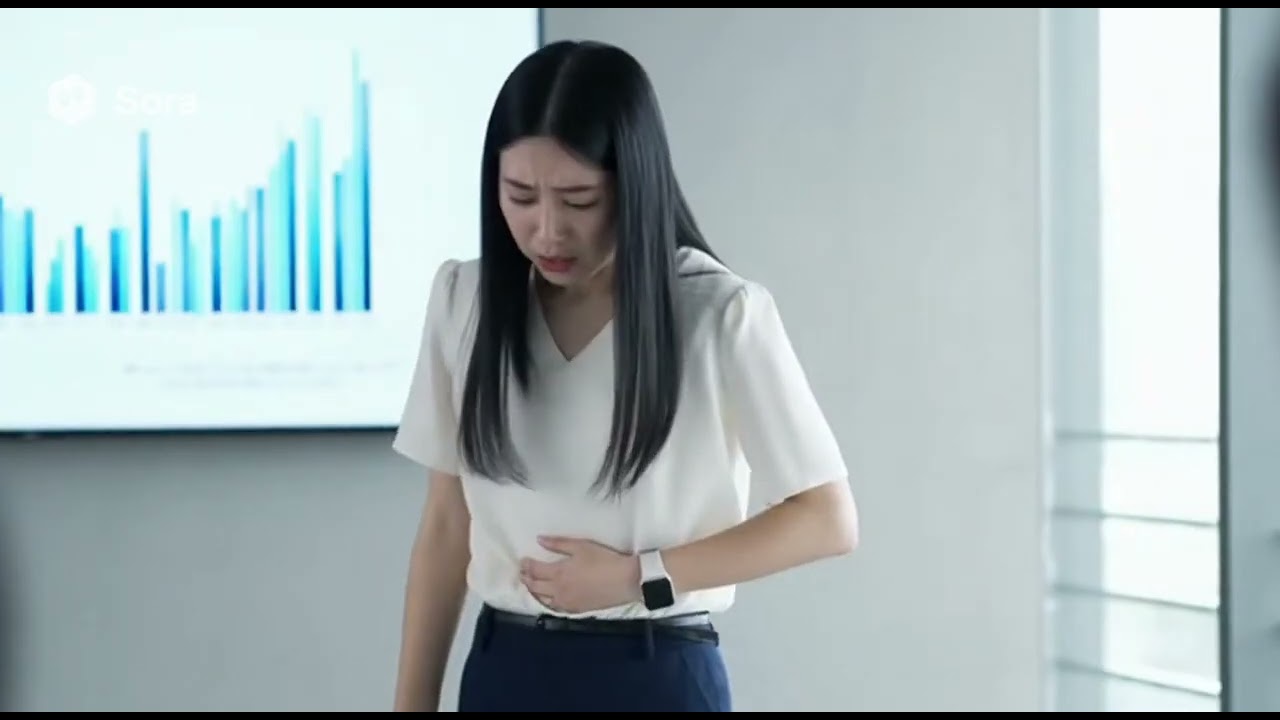 AI動画　20代の美人OLがプレゼン中に腹痛に襲われ苦しんでいる