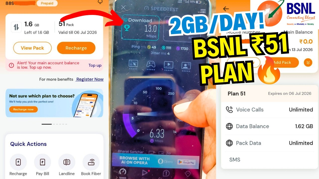 BSNL ₹51 Plan🔥 | 2GB/Day + Unlimited Calling | Speed Test ✅