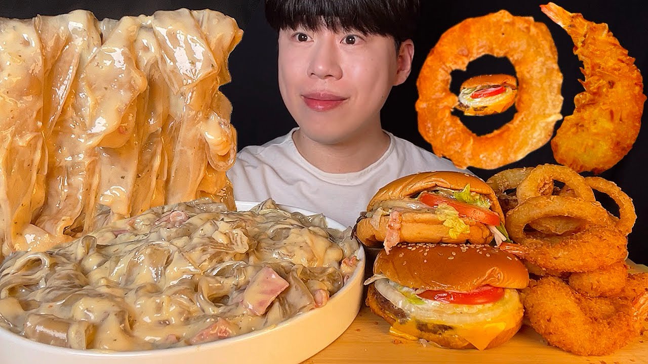 SUB) Кремовая стеклянная лапша и мукбанг Burger King asmr