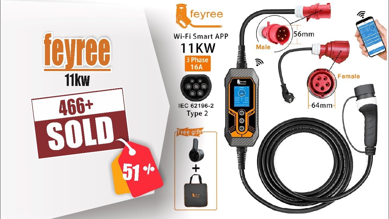 Feyree Type 2 Portable EV Charger 11KW 16A 3 Phase Wi-Fi APP Bluetooth Version EVSE Charging