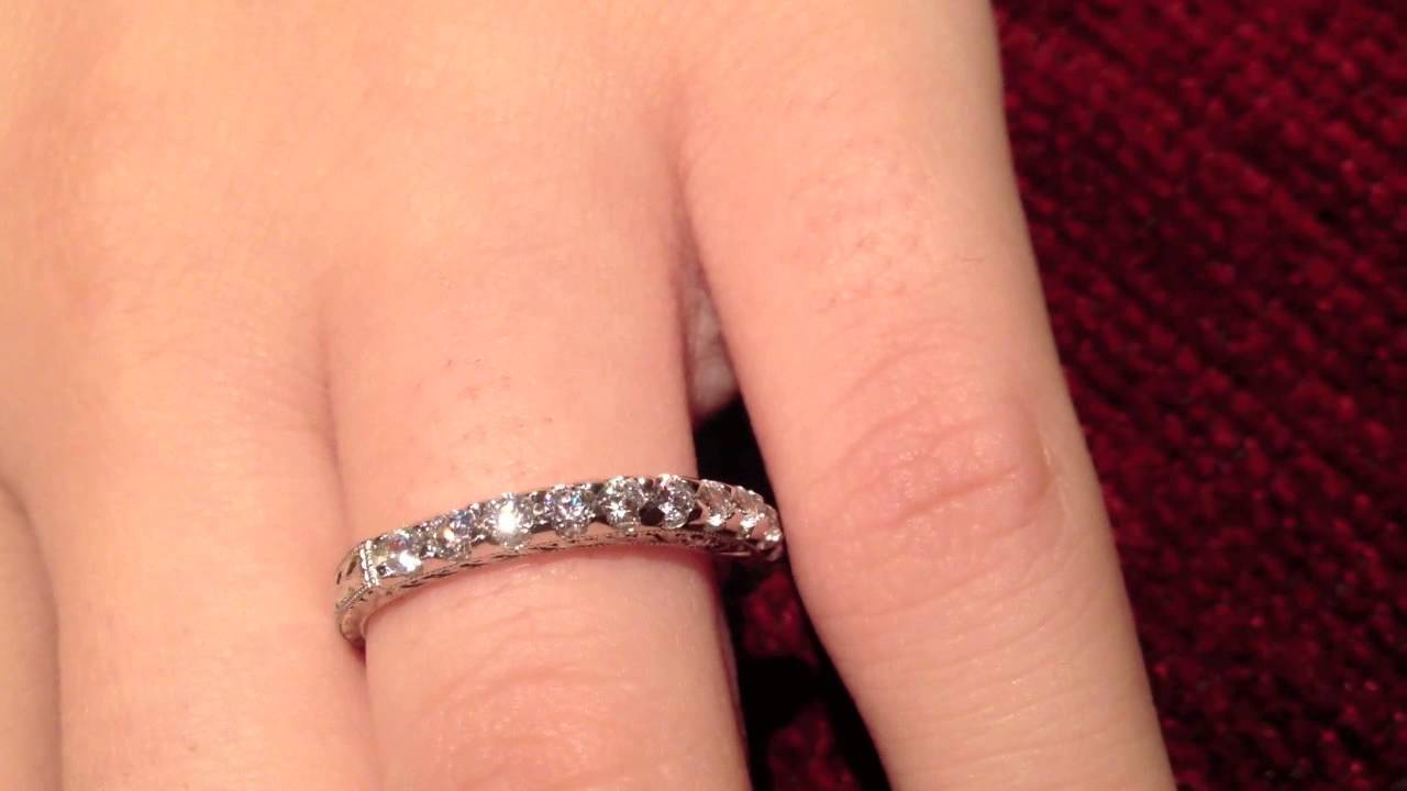 Beautiful Engraved Platinum Wedding Band With Diamond Quality Round Cubic Zirconia- P7197beng