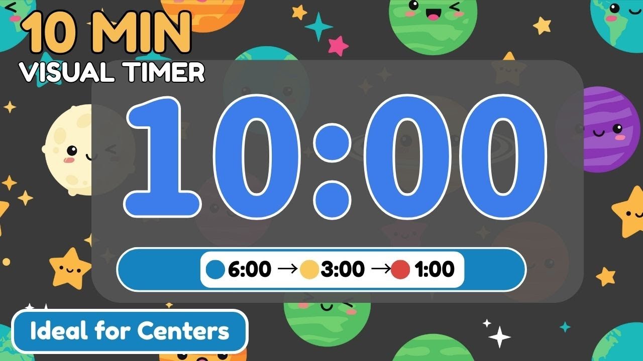10 Minute Visual Timer for Kids 🪐 Color-Changing Retro Space Classroom Countdown Timer (🔵&rarr;🟡&rarr;🔴)