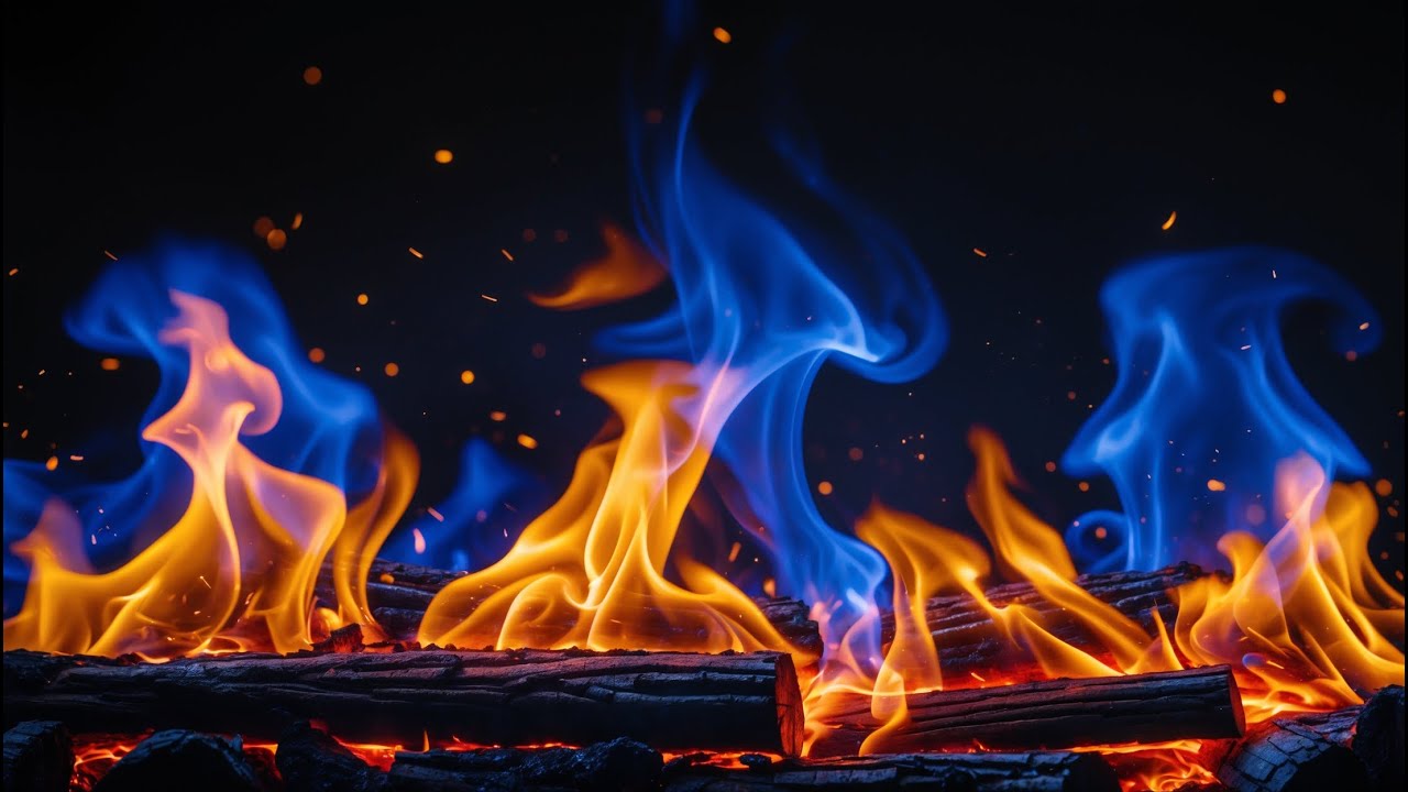 Cozy Fireplace Night with Blue and Orange Flames for Deep Relaxation and Comfort